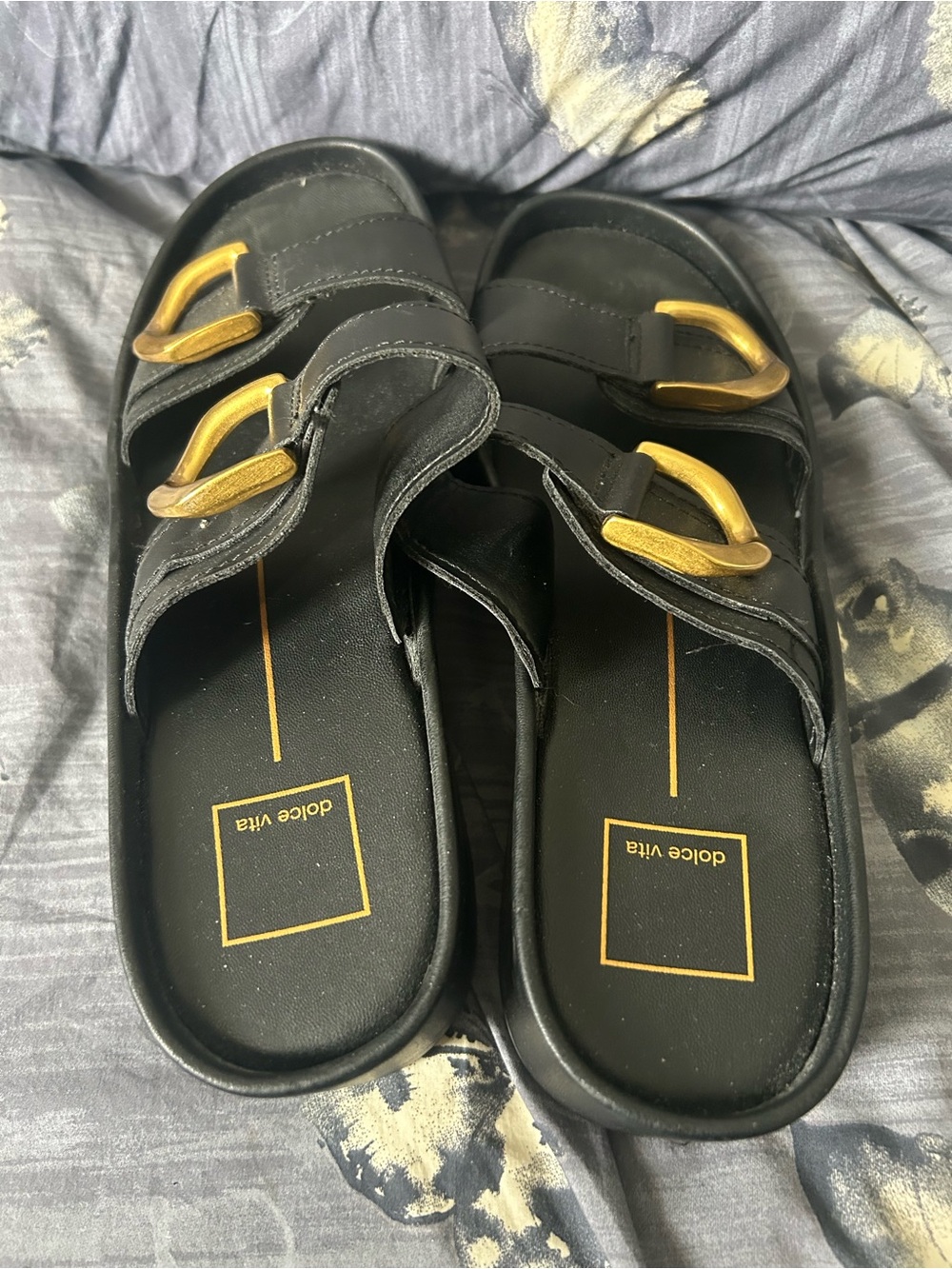 Dolce Vita Black Slides with Gold Buckle Accents